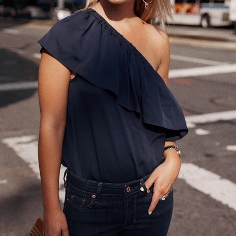 Milly Navy Blue One-Shoulder Cascade Ruffle Blouse Top